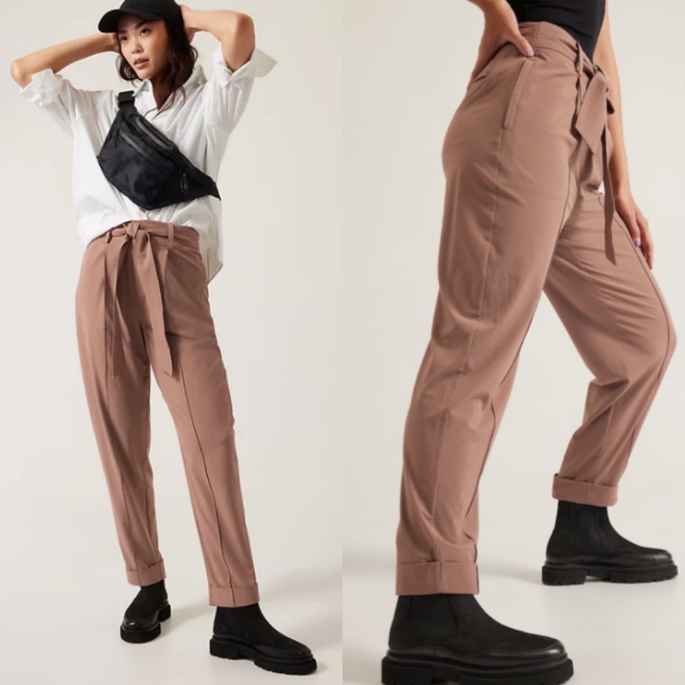 Athleta Cardiff Pant 14 Rustic Beige Tie Waist Ankle Trouser Belted‎ Lightweight